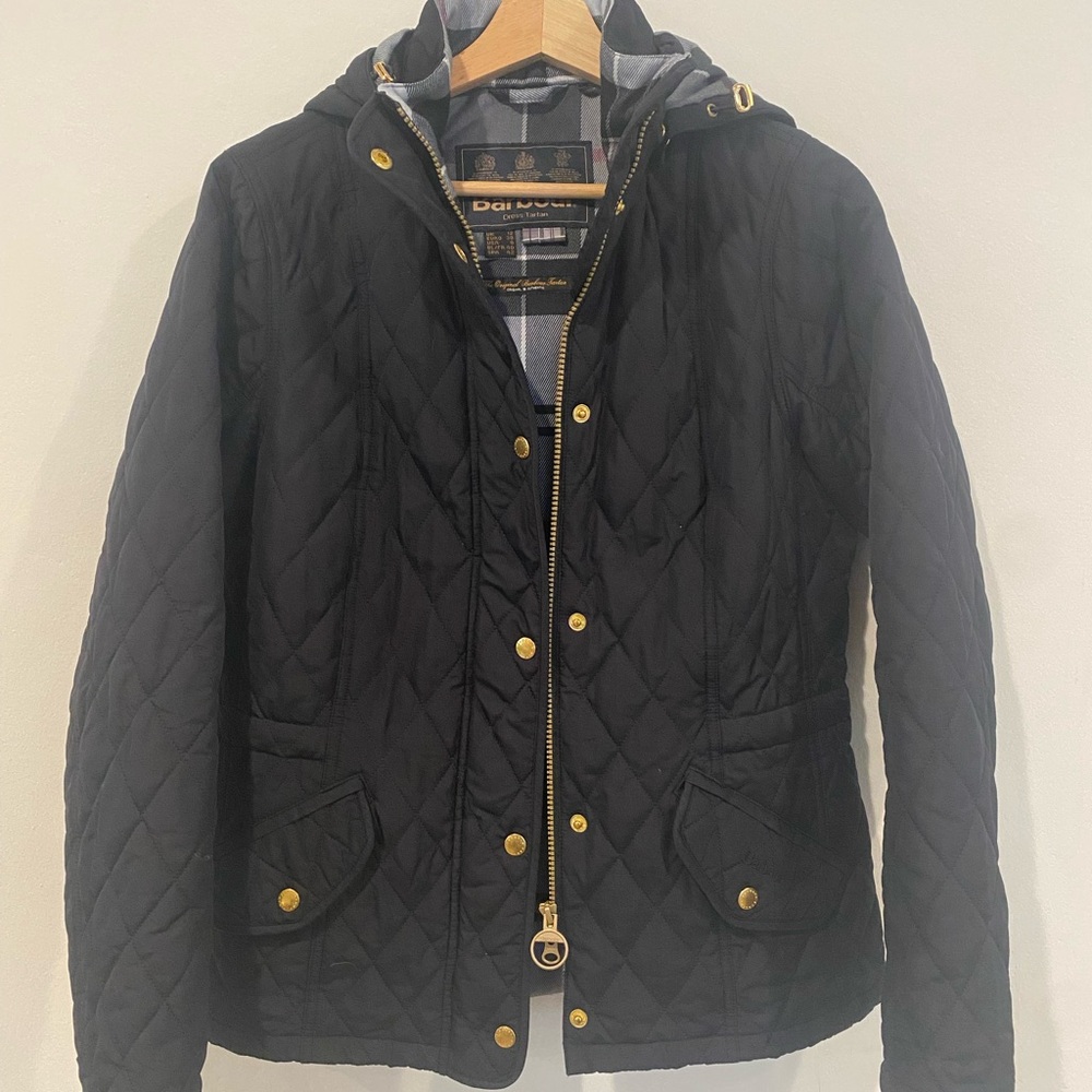 Barbour Dark Blue Millfire Quilted Jacket with Gold Accents